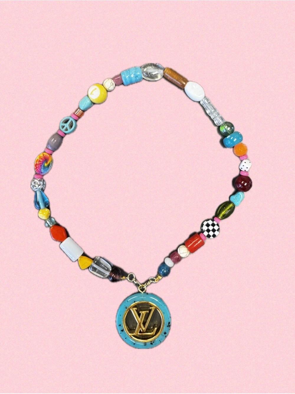 Multicolor Beaded Necklace with Turquoise Mono Pendant